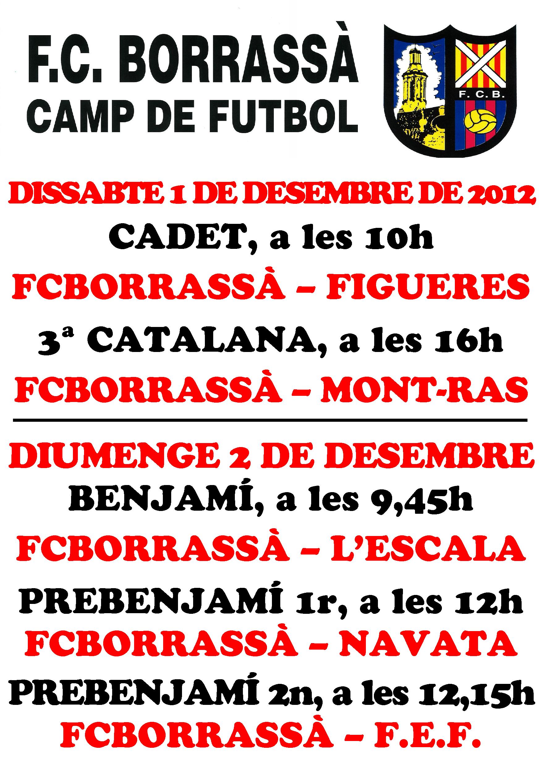 Els cadets, benjamins, prebenjamins de primer any i els de segon any i els de tercera catalana del FCBorrassà juguen partits a casa aquest cap de setmana.